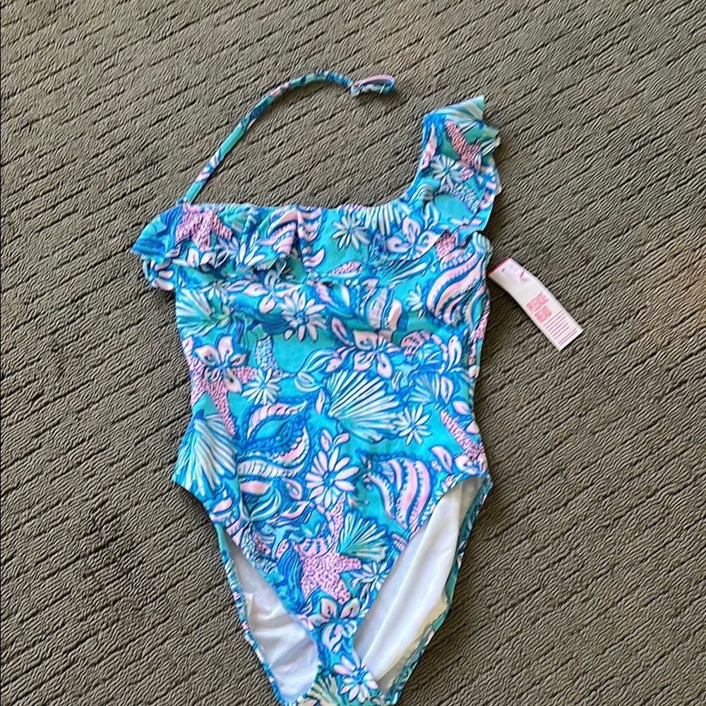 Lilly Pulitzer Blue and Pink One-Shoulder Swimsuit